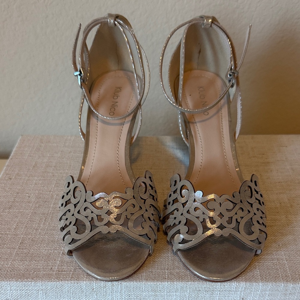 Kudu Neco Metallic Silver Laser-Cut Ankle-Strap Heels